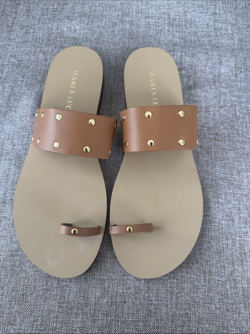 María Luca Tan Studded Toe-Loop Slide Sandals SZ 40